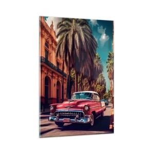 Obraz na szkle - Różowy klasyczny samochód na tle palm i kolonialnej architektury - 80x120cm - Wciąż jeszcze w Hawanie - Nowoczesna dekoracja ścienna do salonu i sypialni ARTTOR