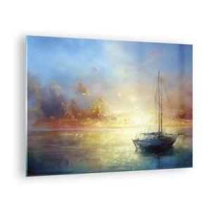 Obraz na szkle - Żaglówka na spokojnym morzu o złotym zachodzie słońca - 70x50cm - W złotej zatoce - Nowoczesna dekoracja ścienna do salonu i sypialni ARTTOR