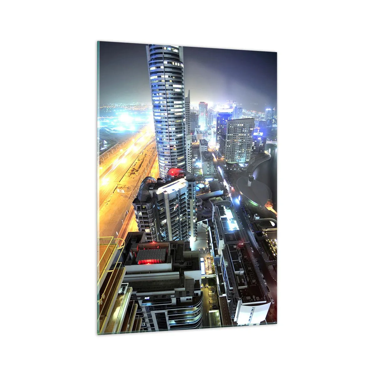 Obraz na szkle - Panorama nocnego miasta z oświetlonymi drapaczami chmur - 70x100cm - Cud na pustyni - Nowoczesna dekoracja ścienna do salonu i sypialni ARTTOR