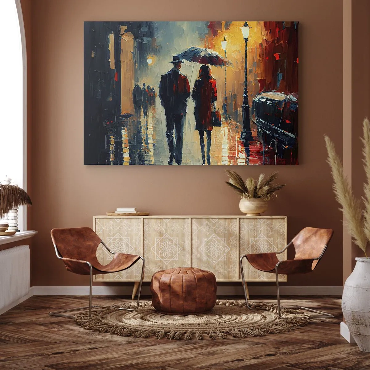 Obraz na płótnie - Spacer w deszczu pod parasolem w mieście nocą - 70x50cm - Miejska love story - Nowoczesna dekoracja ścienna do salonu i sypialni ARTTOR