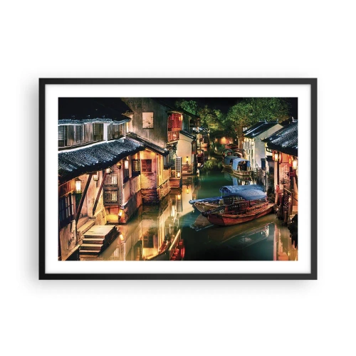 Plakat w czarnej ramie - Nocny widok na kanały z tradycyjnymi łodziami i domami - 70x50cm - Wieczór na chińskiej ulicy - Nowoczesna dekoracja ścienna do salonu i sypialni ARTTOR