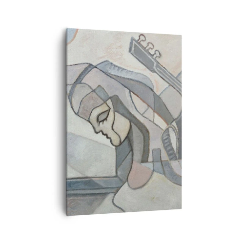 Obraz na płótnie - Abstrakcyjna postać z gitarą w pastelowej kolorystyce - 70x100cm - We władzy muzyki - Nowoczesna dekoracja ścienna do salonu i sypialni ARTTOR