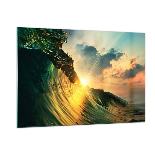 Obraz na szkle - Zachodzące słońce oświetlające fale oceanu - 120x80cm - Surferze, gdzie jesteś? - Nowoczesna dekoracja ścienna do salonu, kuchni i sypialni ARTTOR