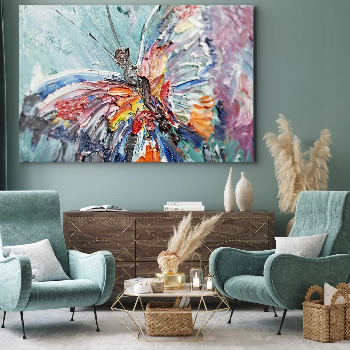 Obraz na płótnie - Kolorowy motyl w stylu impasto na pastelowym tle - 70x50cm - Pomalowany przez naturę - Nowoczesna dekoracja ścienna do salonu i sypialni ARTTOR