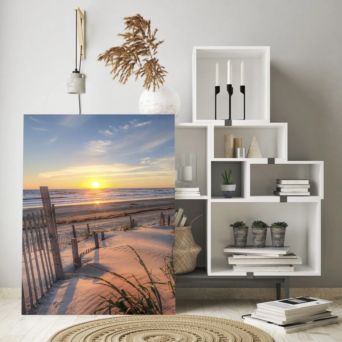 Obraz na szkle - Plaża z wydmami o zachodzie słońca - 50x70cm - Blask i cień wiatru - Nowoczesna dekoracja ścienna do salonu, kuchni i sypialni ARTTOR