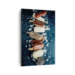 Obraz na płótnie - Kolorowe lody na patyku ułożone na lodzie z ciemnym tłem - 80x120cm - Smak gorącego lata - Nowoczesna dekoracja ścienna do salonu i sypialni ARTTOR