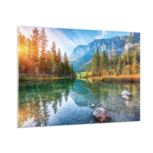 Obraz na szkle - Górskie jezioro otoczone lasem i majestatycznymi szczytami - 100x70cm - Łagodność jesieni - Nowoczesna dekoracja ścienna do salonu, kuchni i sypialni ARTTOR