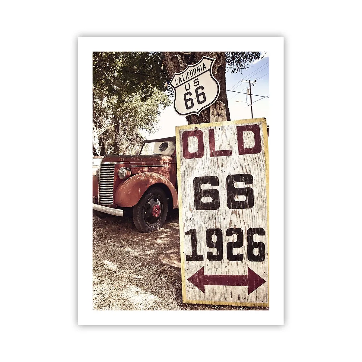Plakat - Oldtimer przy znaku Route 66 - 50x70cm - Legenda amerykanskiej prowincji - Nowoczesna dekoracja ścienna do salonu, kuchni i sypialni ARTTOR