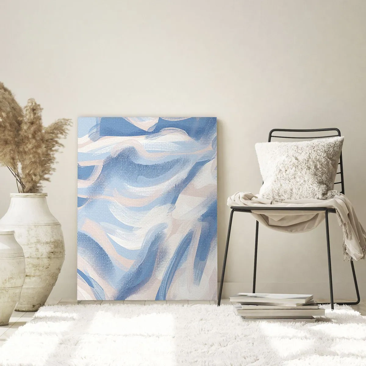 Obraz na szkle - Abstrakcyjne pociągnięcia w błękicie, bieli i beżu w falistej formie - 50x70cm - Błękitne falowanie - Nowoczesna dekoracja ścienna do salonu, kuchni i sypialni ARTTOR