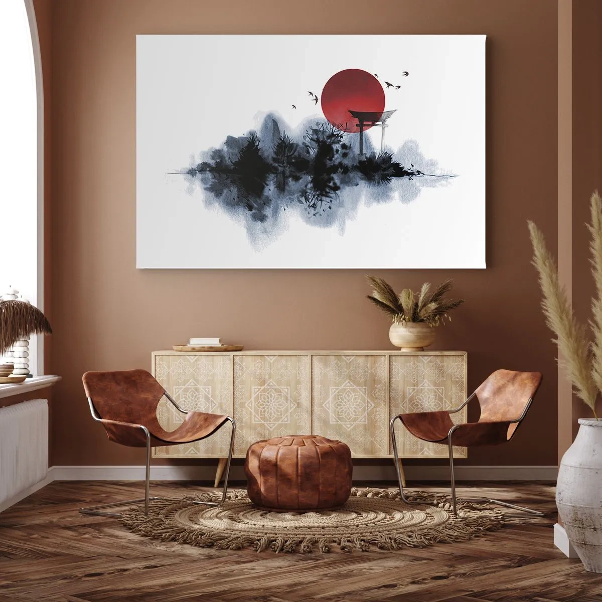 Obraz na płótnie - Czerwone słońce nad malowniczym krajobrazem z torii - 70x50cm - Japoński widok - Nowoczesna dekoracja ścienna do salonu i sypialni ARTTOR