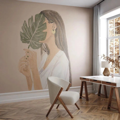 Fototapeta Premium Canvas - Tajemniczy portret z wachlarzem - Liść, Kobieta, Boho - 350x256 cm