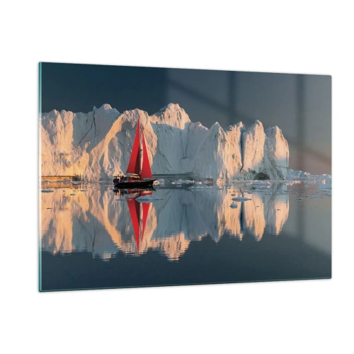 Obraz na szkle - Żaglówka z czerwonym żaglem przy górach lodowych o zachodzie - 120x80cm - Na krańcu świata - Nowoczesna dekoracja ścienna do salonu, kuchni i sypialni ARTTOR