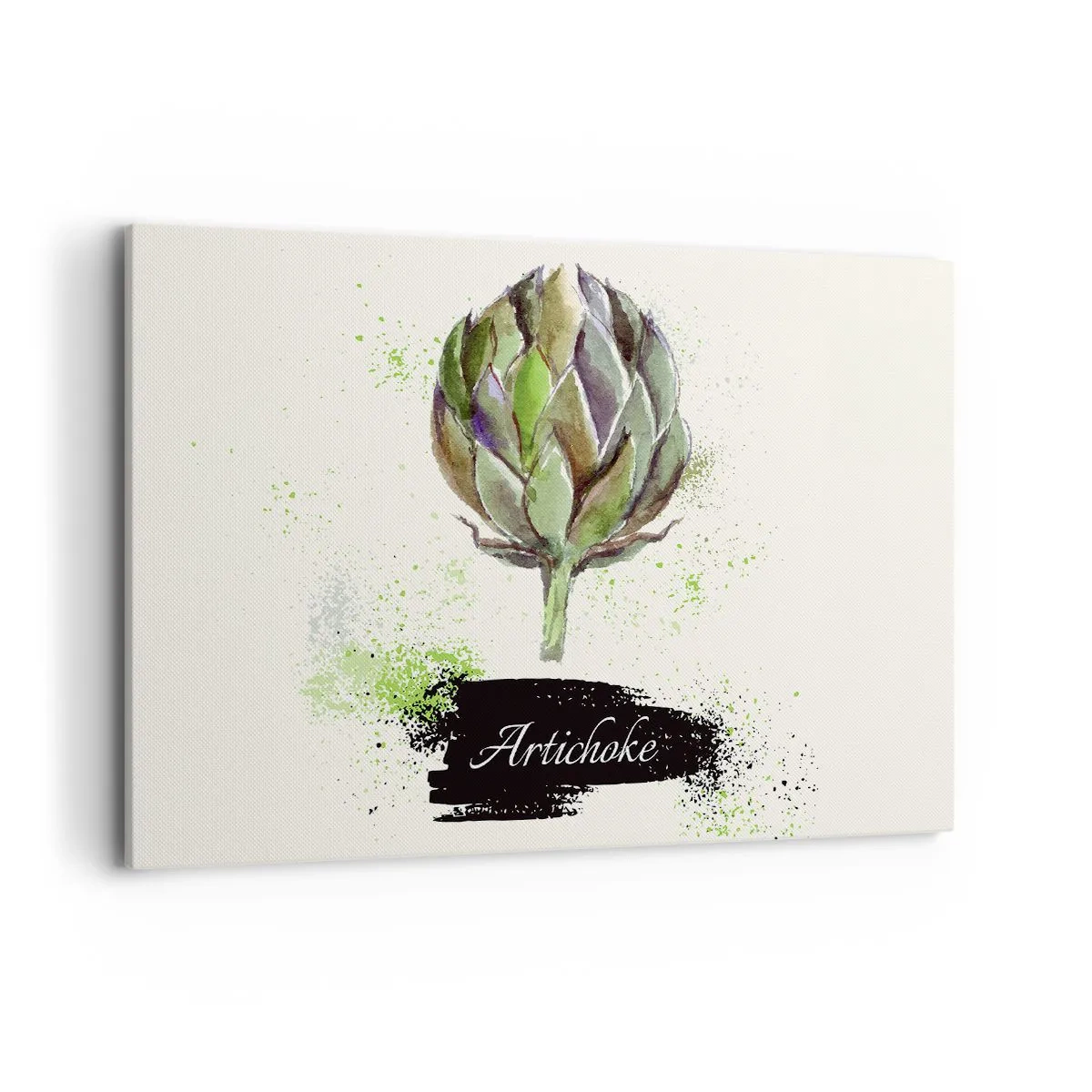 Obraz na płótnie - Akwarelowy karczoch z napisem na jasnym tle z zielonymi akcentami - 120x80cm - Eviva warzywa! - Nowoczesna dekoracja ścienna do salonu, kuchni i sypialni ARTTOR