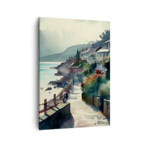 Obraz na płótnie - Akwarelowy pejzaż nadmorskiego śródziemnomorskiego miasteczka - 50x70cm - Śródziemnomorskie miasteczko - Nowoczesna dekoracja ścienna do salonu, kuchni i sypialni ARTTOR