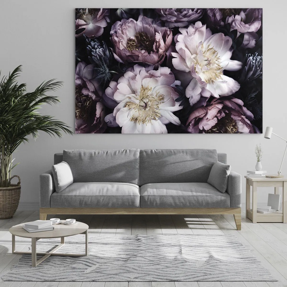 Obraz na szkle - Romantyczny bukiet piwonii w stonowanych fioletach i różach - 70x50cm - Bukiet w dawnym stylu - Nowoczesna dekoracja ścienna do salonu i sypialni ARTTOR