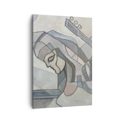 Obraz na płótnie - Kubistyczna interpretacja kobiecego portretu z gitarą w stonowanej kolorystyce - 50x70cm - We władzy muzyki - Nowoczesna dekoracja ścienna do salonu, kuchni i sypialni ARTTOR