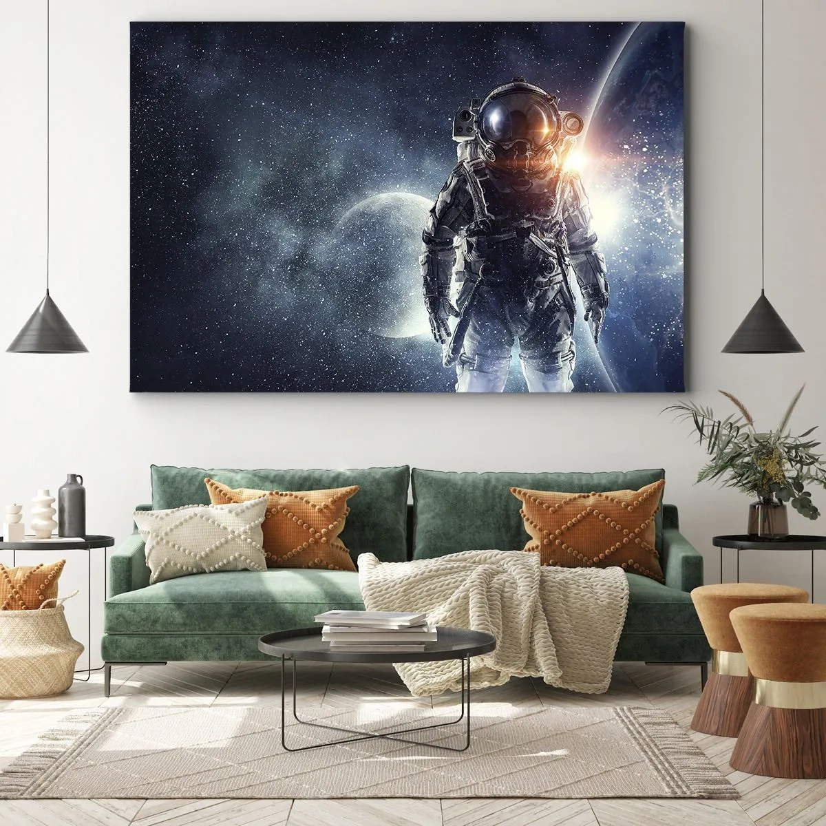Obraz na płótnie - Astronauta na tle kosmosu i planety Ziemi - 70x50cm - Kosmiczna przygoda - Nowoczesna dekoracja ścienna do salonu i sypialni ARTTOR