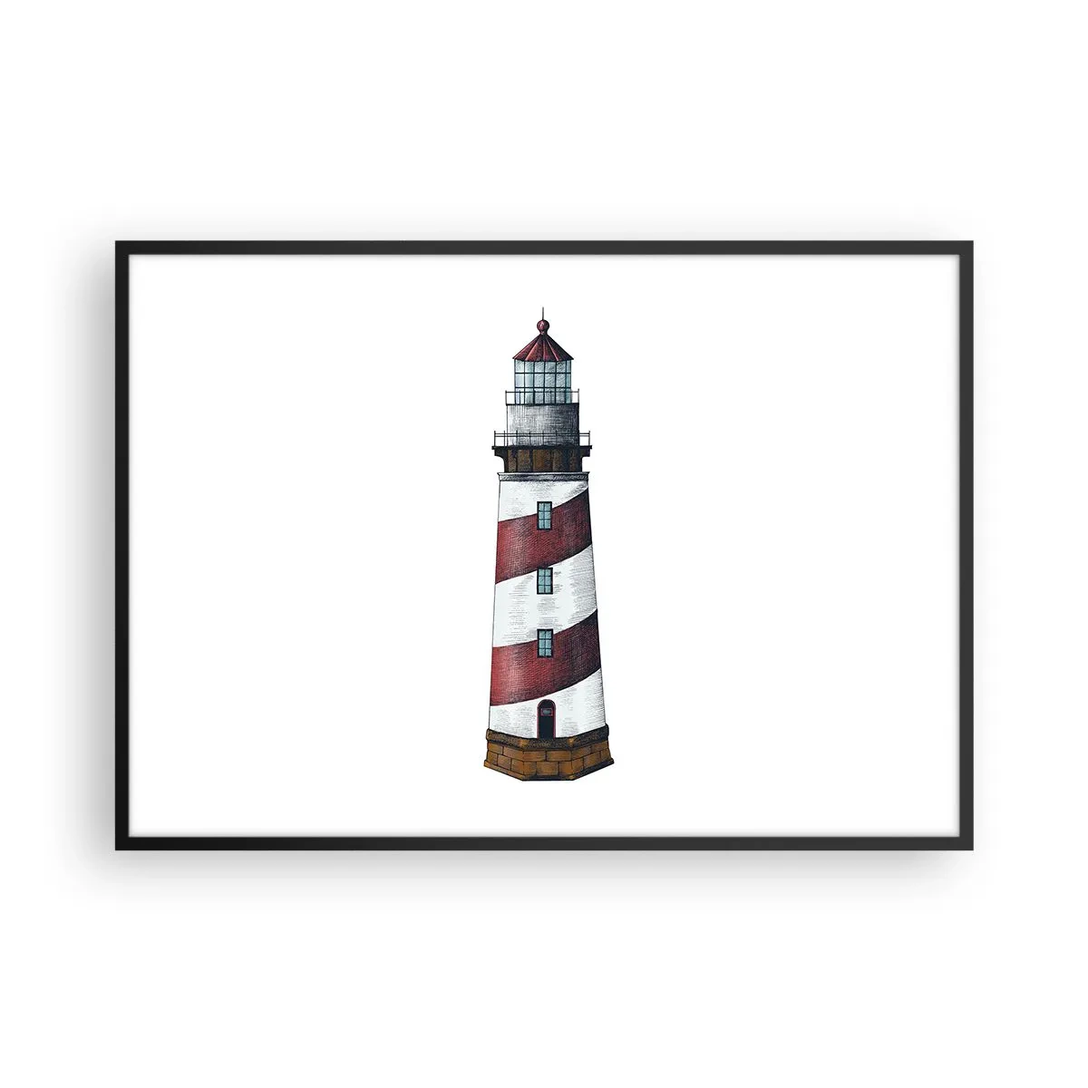 Plakat w czarnej ramie - Rysunkowy obraz latarni morskiej z czerwono-białymi pasami na minimalistycznym tle - 100x70cm - Zawsze na straży - Nowoczesna dekoracja ścienna do salonu i sypialni ARTTOR