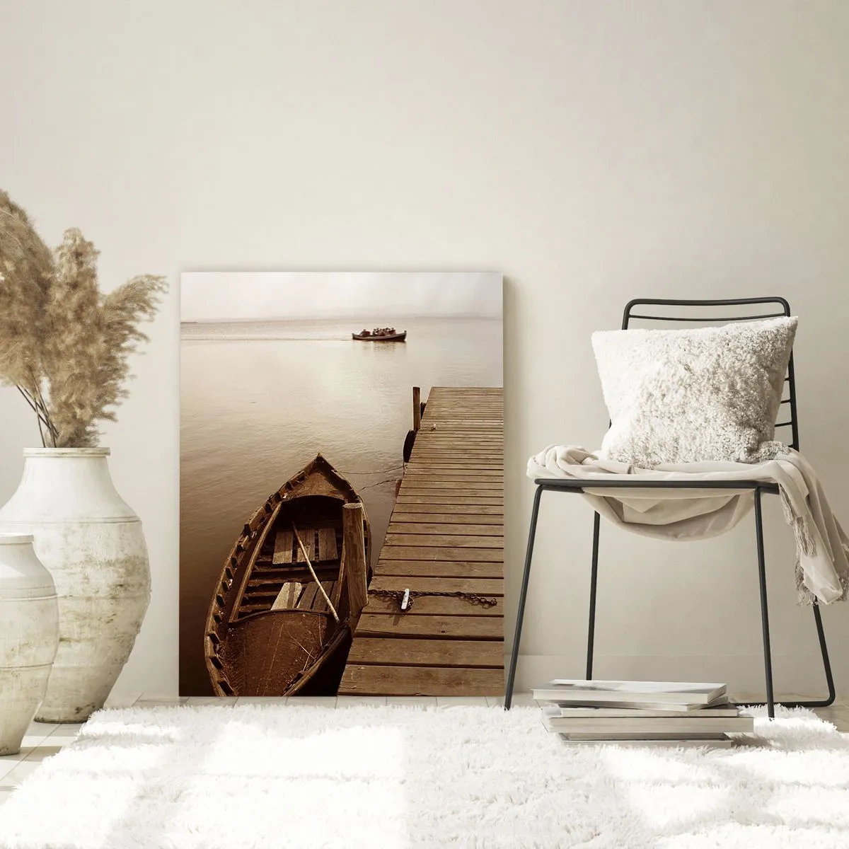 Obraz na szkle - Drewniane molo i łódź w spokojnym jeziorze - 80x120cm - Wielki spokój - Nowoczesna dekoracja ścienna do salonu i sypialni ARTTOR