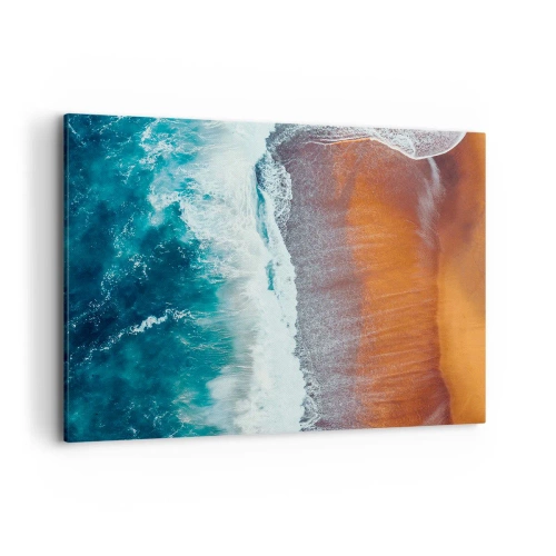 Obraz na płótnie - Widok na oceaniczne fale rozbijające się o złocistą plażę - 120x80cm - Dotyk oceanu - Nowoczesna dekoracja ścienna do salonu, kuchni i sypialni ARTTOR