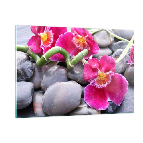 Obraz na szkle - Różowe orchidee z bambusem na kamieniach - 120x80cm - Chłód i żar - Nowoczesna dekoracja ścienna do salonu, kuchni i sypialni ARTTOR
