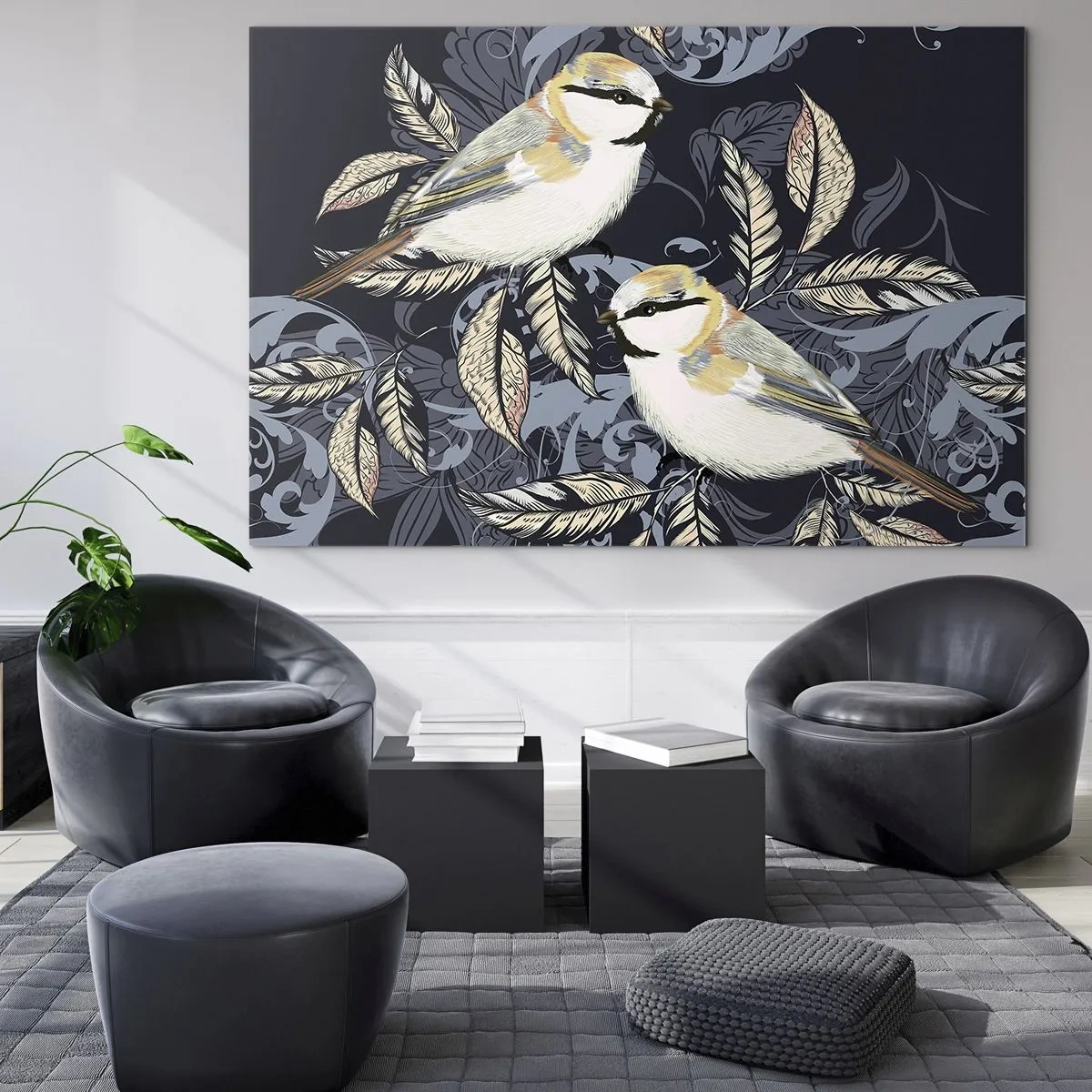 Obraz na szkle - Ilustracja dwóch ptaków na ciemnym tle z ornamentami - 70x50cm - Żółto-błękitny trel - Nowoczesna dekoracja ścienna do salonu i sypialni ARTTOR