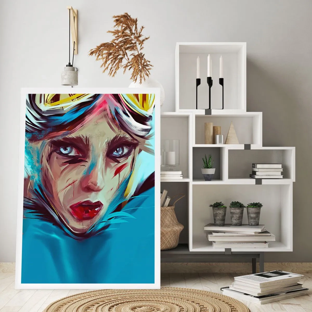 Plakat - Portret kobiety z intensywnym spojrzeniem i niebieskim tłem - 50x70cm - Wojowniczka szos - Nowoczesna dekoracja ścienna do salonu, kuchni i sypialni ARTTOR