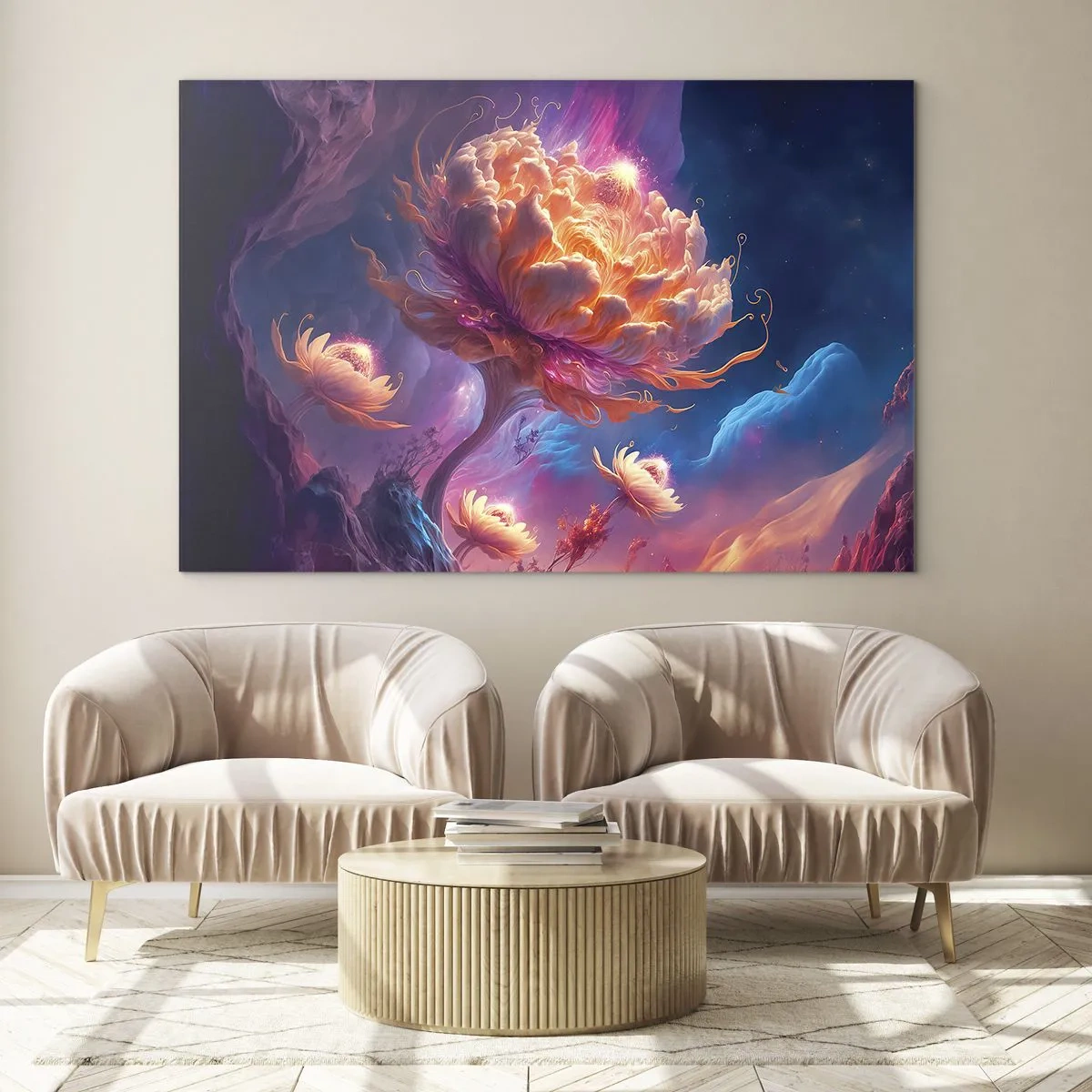 Obraz na szkle - Fantastyczny kwiat unoszący się w kosmicznej scenerii - 70x50cm - Inny świat - Nowoczesna dekoracja ścienna do salonu i sypialni ARTTOR