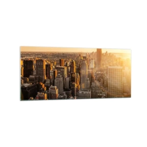 Obraz na szkle - Panorama Nowego Jorku o zachodzie słońca z widokiem na Empire State Building - 120x50cm - Rosnąc w słońcu - Nowoczesna dekoracja ścienna do salonu i sypialni ARTTOR
