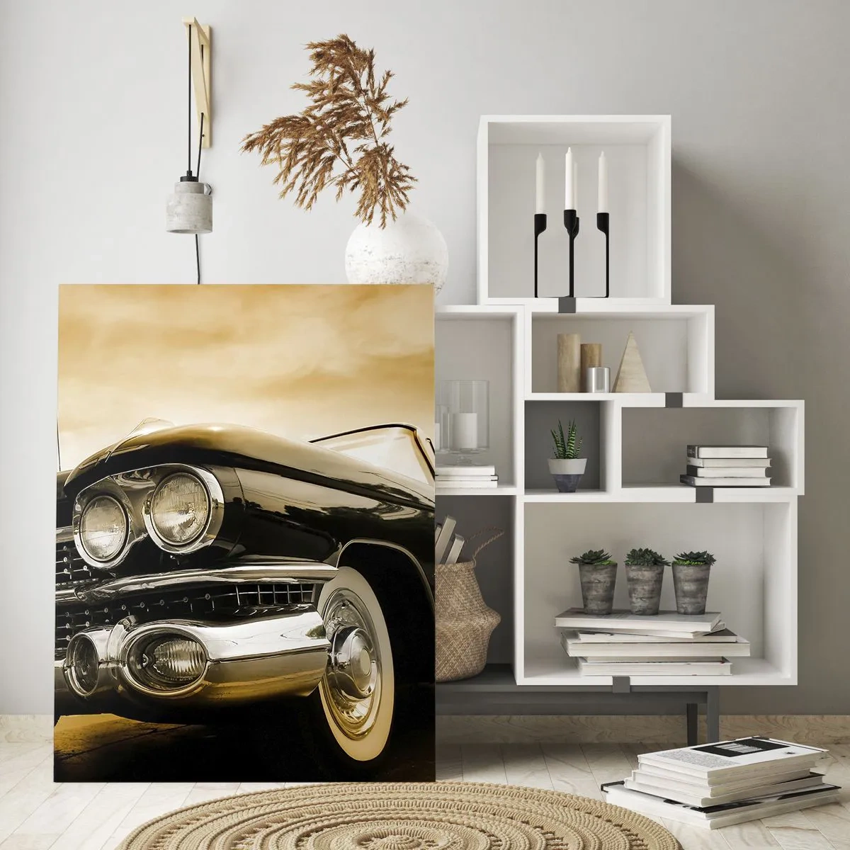 Obraz na szkle - Przód klasycznego samochodu w eleganckim stylu retro - 50x70cm - Klasyka nigdy nie przemija - Nowoczesna dekoracja ścienna do salonu, kuchni i sypialni ARTTOR