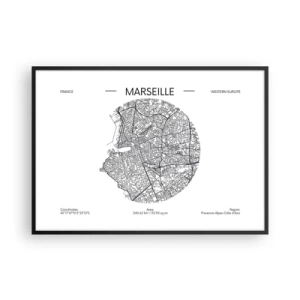 Plakat w czarnej ramie - Mapa Marsylii w minimalistycznym stylu - 100x70cm - Anatomia Marsylii - Nowoczesna dekoracja ścienna do salonu i sypialni ARTTOR