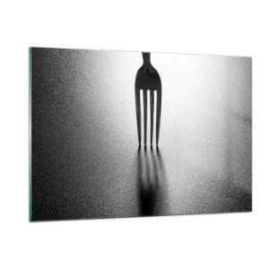 Obraz na szkle - Widelec rzucający cień w minimalistycznej czarno-białej kompozycji - 120x80cm - Światło i cień - Nowoczesna dekoracja ścienna do salonu, kuchni i sypialni ARTTOR