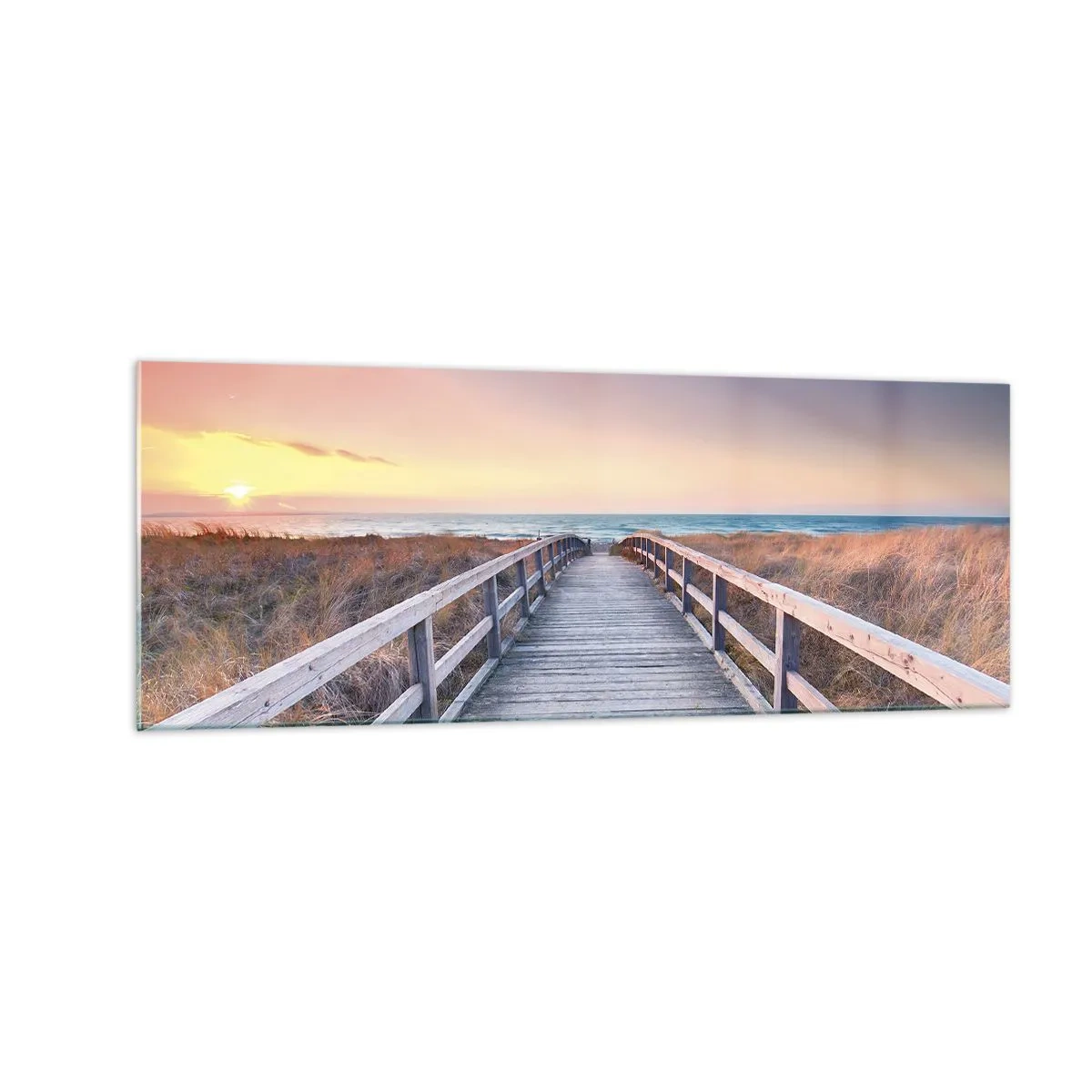 Obraz na szkle - Drewniany pomost prowadzący na plażę o zachodzie słońca z pastelowymi barwami nieba - 140x50cm - Bałtycka wieczorna zorza - Nowoczesna dekoracja ścienna do salonu i sypialni ARTTOR