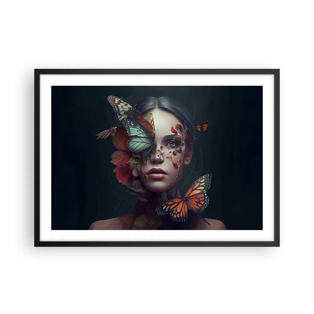Plakat w czarnej ramie - Portret kobiety z motylami i elementami roślinnymi - 70x50cm - Cudowna metamorfoza - Nowoczesna dekoracja ścienna do salonu i sypialni ARTTOR