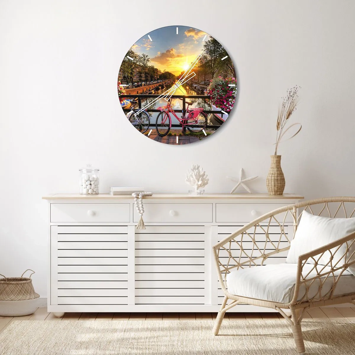 Zegar ścienny - Zachód słońca nad kanałem z różowym rowerem i kwiatami - 30x30cm - Wiosenny poranek w Amsterdamie - Nowoczesna dekoracja ścienna do salonu, kuchni i sypialni ARTTOR