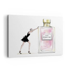 Obraz na płótnie - Kobieta w czarnej sukience przy flakonie perfum - 100x70cm - Esencja kobiecości - Nowoczesna dekoracja ścienna do salonu, kuchni i sypialni ARTTOR