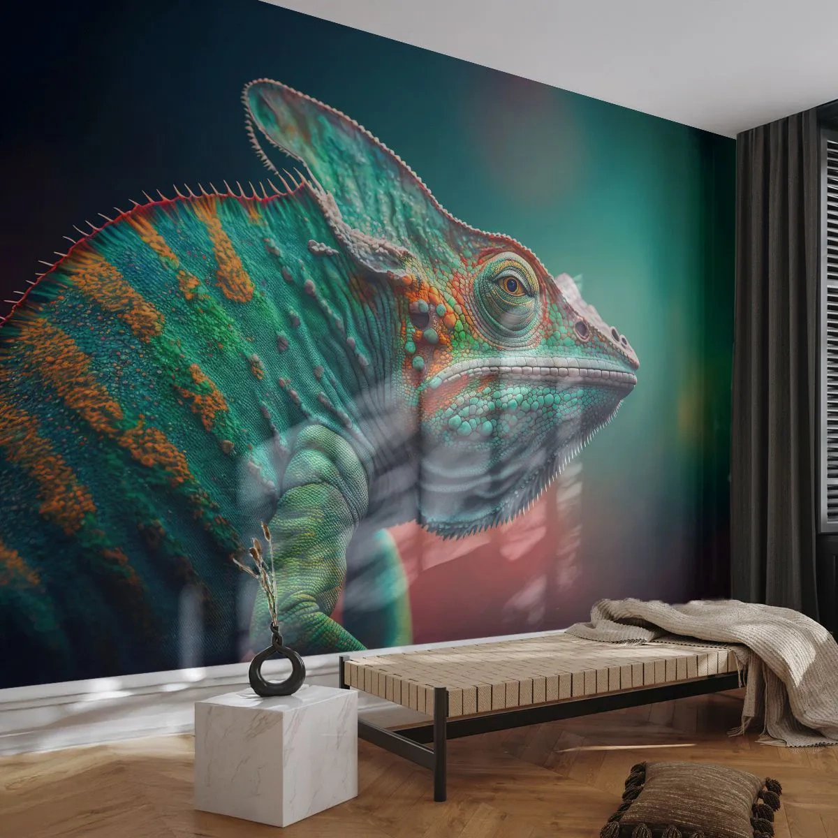 Fototapeta Premium Sand - Kolorowy kameleon na tle w odcieniach zieleni i czerwieni - 100x70cm - Widzisz mnie? Niedobrze… - Nowoczesna dekoracja ścienna do salonu, kuchni i sypialni ARTTOR