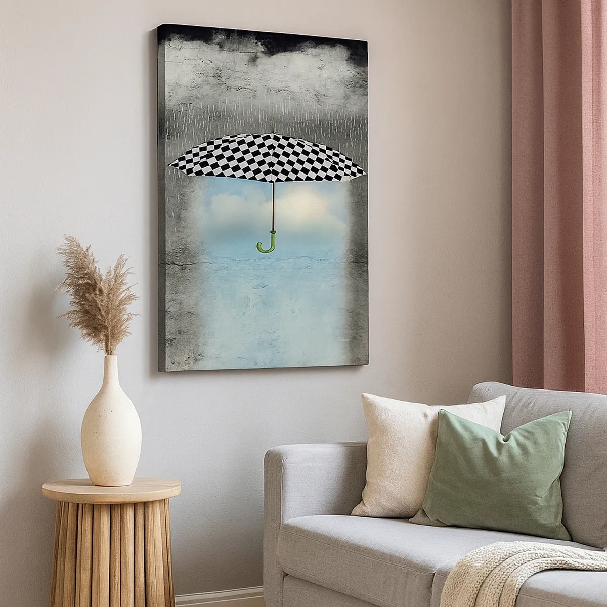 Obraz na płótnie - Parasol w szachownicę unoszący się nad deszczowym krajobrazem - 50x70cm - A jednak możliwe - Nowoczesna dekoracja ścienna do salonu, kuchni i sypialni ARTTOR
