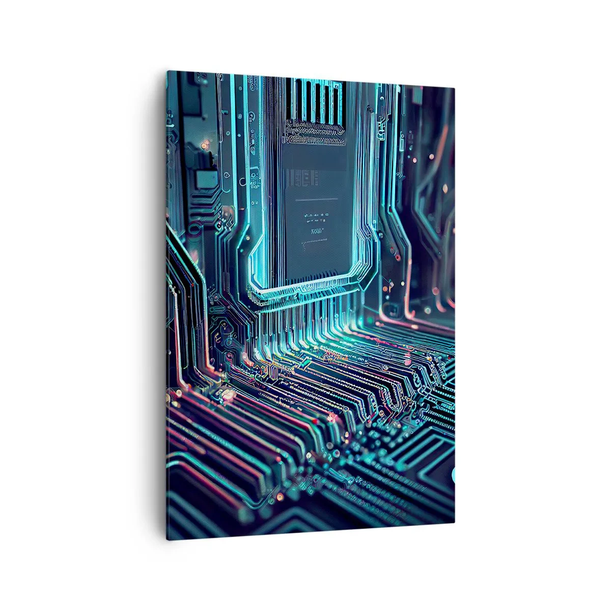 Obraz na płótnie - Technologiczna płytka drukowana z podświetlonymi ścieżkami - 70x100cm - Tak sobie myślę… - Nowoczesna dekoracja ścienna do salonu i sypialni ARTTOR