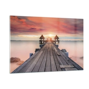 Obraz na szkle - Drewniane molo prowadzące do altanek nad wodą o zachodzie słońca - 120x80cm - Zachód na wschodzie - Nowoczesna dekoracja ścienna do salonu, kuchni i sypialni ARTTOR