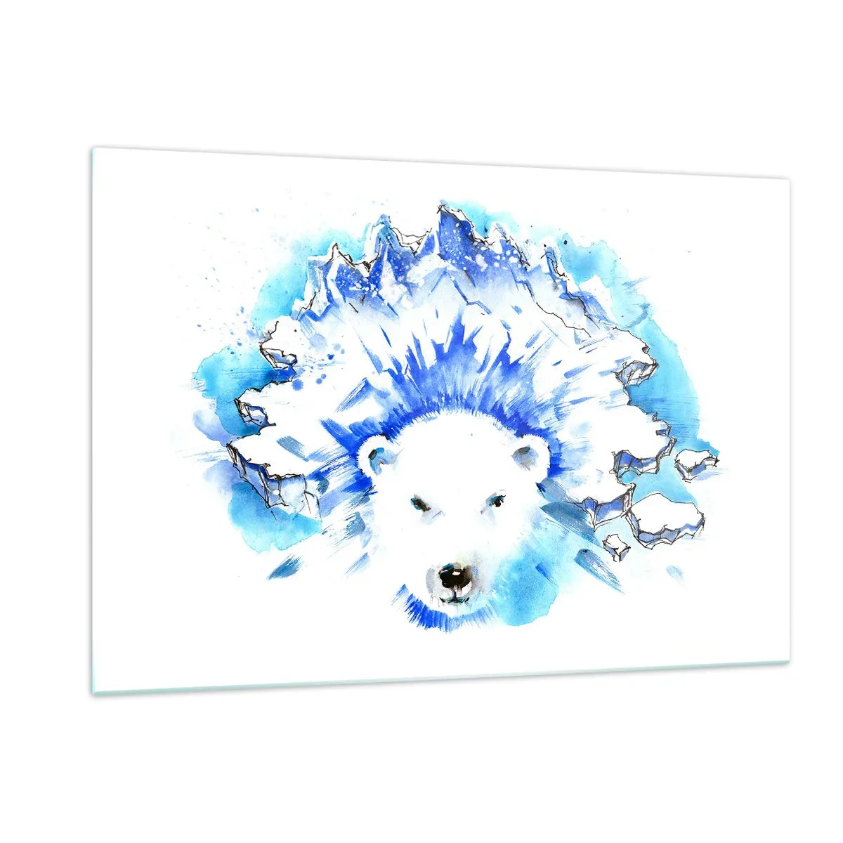 Obraz na szkle - Niedźwiedź polarny na tle lodowych gór w odcieniach błękitu - 120x80cm - Król Arktyki w lodowej koronie - Nowoczesna dekoracja ścienna do salonu, kuchni i sypialni ARTTOR