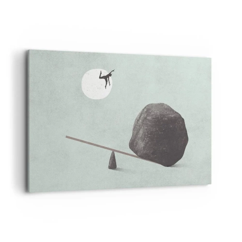 Obraz na płótnie - Symboliczna scena z postacią i balansem na tle jasnego nieba - 100x70cm - Spełnione marzenie - Nowoczesna dekoracja ścienna do salonu, kuchni i sypialni ARTTOR