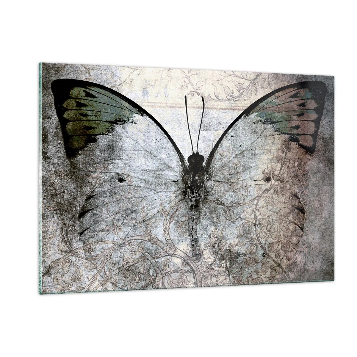 Obraz na szkle - Abstrakcyjny motyl na tle starego ornamentu - 120x80cm - W secesyjnym stylu - Nowoczesna dekoracja ścienna do salonu, kuchni i sypialni ARTTOR