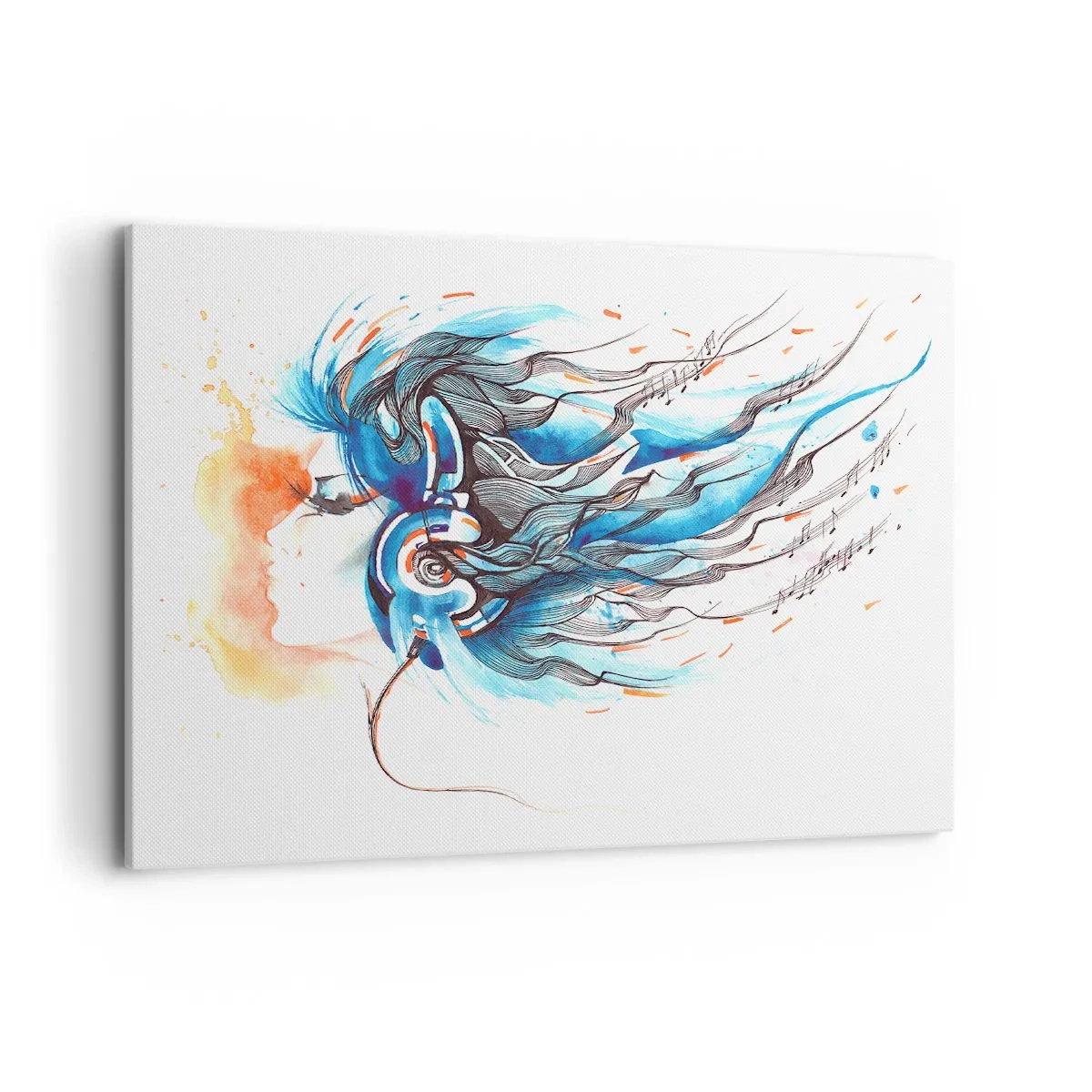 Obraz na płótnie - Artystyczna grafika kobiety w słuchawkach z muzycznymi akcentami - 100x70cm - Niech gra muzyka - Nowoczesna dekoracja ścienna do salonu, kuchni i sypialni ARTTOR