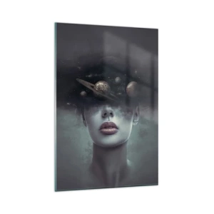 Obraz na szkle - Kobieca twarz z motywem planet i kosmosu w tle - 80x120cm - A planety szaleją… - Nowoczesna dekoracja ścienna do salonu i sypialni ARTTOR