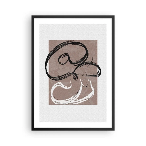 Plakat w czarnej ramie - Abstrakcyjna kompozycja z dynamicznymi pociągnięciami pędzla w czerni i bieli na tle brązowym - 50x70cm - Kompozycja – poszukiwanie pełni - Nowoczesna dekoracja ścienna do salonu i sypialni ARTTOR