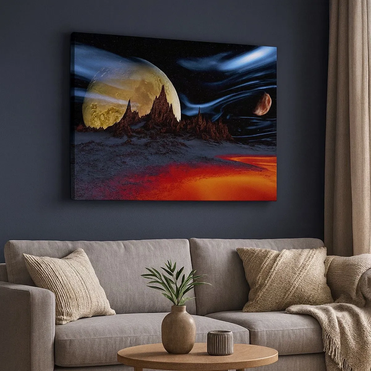 Obraz na płótnie - Fantastyczny krajobraz z planetami i wulkaniczną scenerią - 70x50cm - Nieznany świat - Nowoczesna dekoracja ścienna do salonu i sypialni ARTTOR