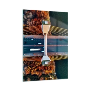 Obraz na szkle - Most z lotu ptaka z symetrycznym układem lin i samochodów - 50x70cm - ZA wodami, za lasami - Nowoczesna dekoracja ścienna do salonu, kuchni i sypialni ARTTOR