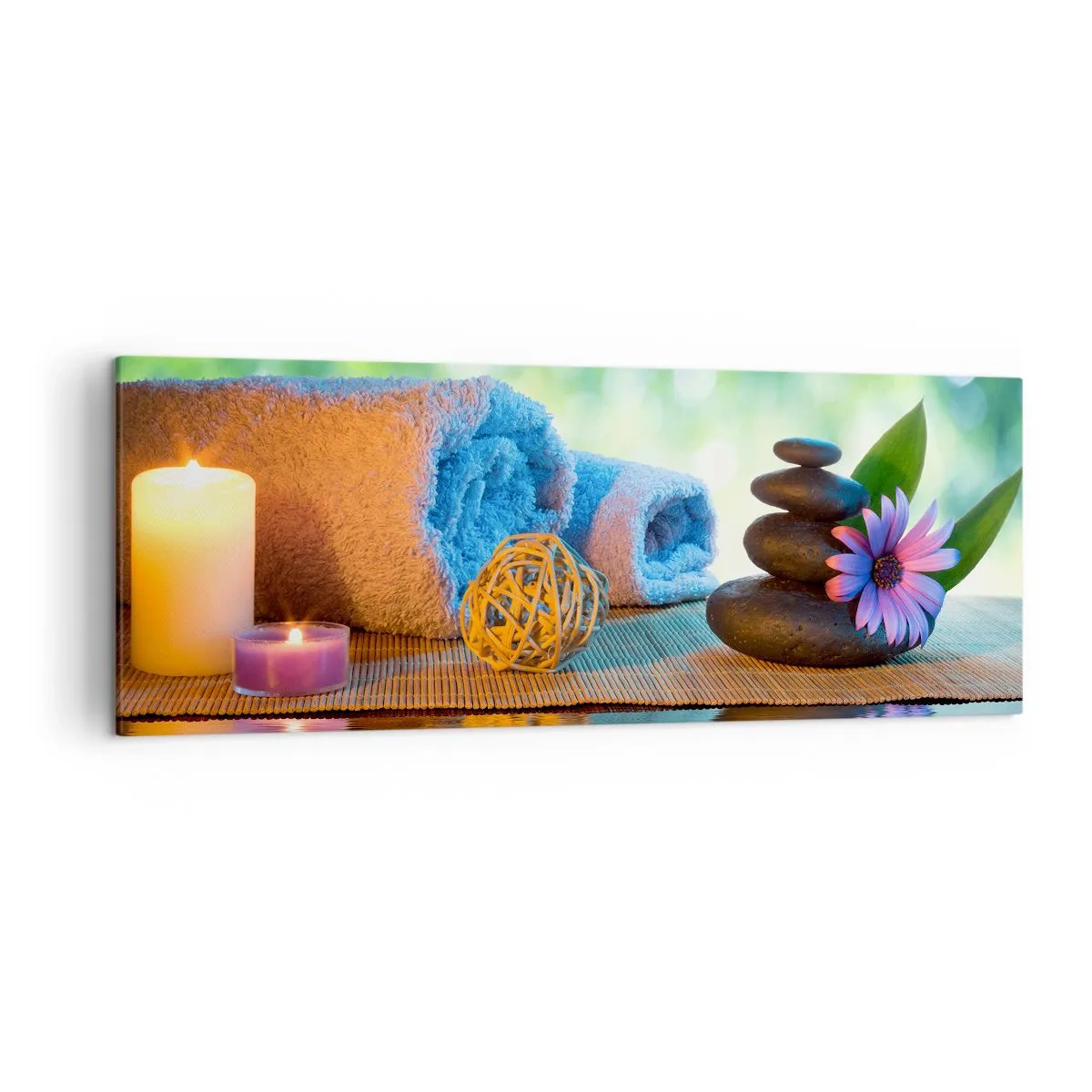 Obraz na płótnie - Relaksacyjny zestaw SPA z ręcznikami, świecami i kamieniami - 140x50cm - Czas dla ciała - Nowoczesna dekoracja ścienna do salonu i sypialni ARTTOR