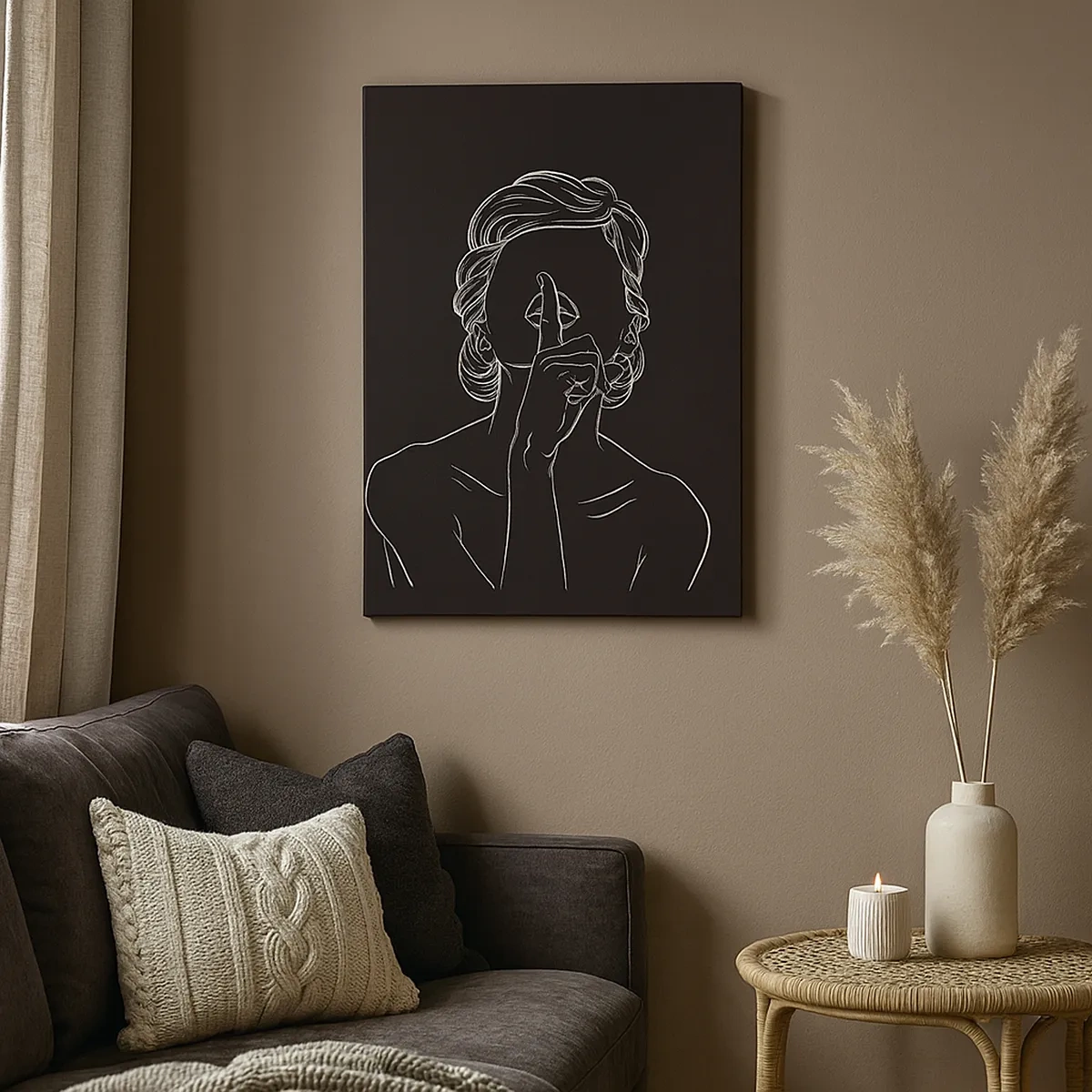 Obraz na płótnie - Minimalistyczna linia przedstawiająca postać na czarnym tle - 50x70cm - Piękno rozkwita w ciszy - Nowoczesna dekoracja ścienna do salonu, kuchni i sypialni ARTTOR